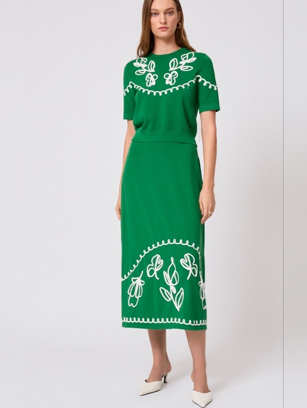 PEARL by Lela Rose Green Floral Embroidered Midi Skirt Set Size XS NWT $790